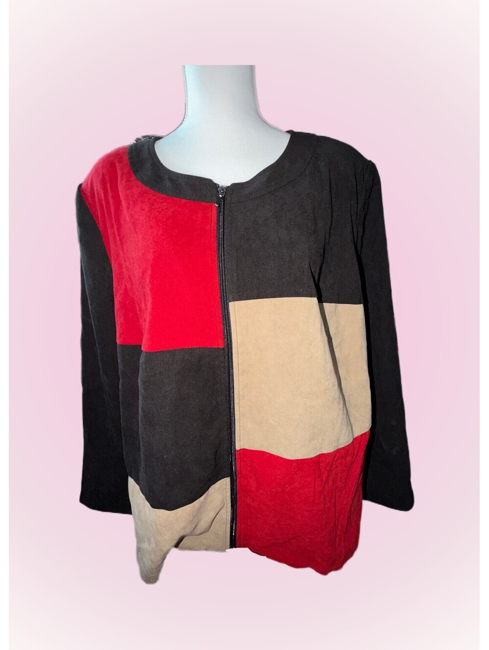 JM Collection Woman 22W Colorblock Black Red Tan Full Zip Jacket Top 3/4 Sleeve